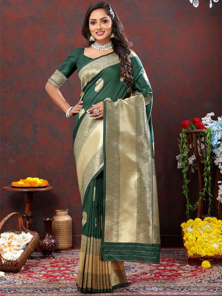 Dark Green Silk Handwoven Wedding Festival Heavy Border Saree