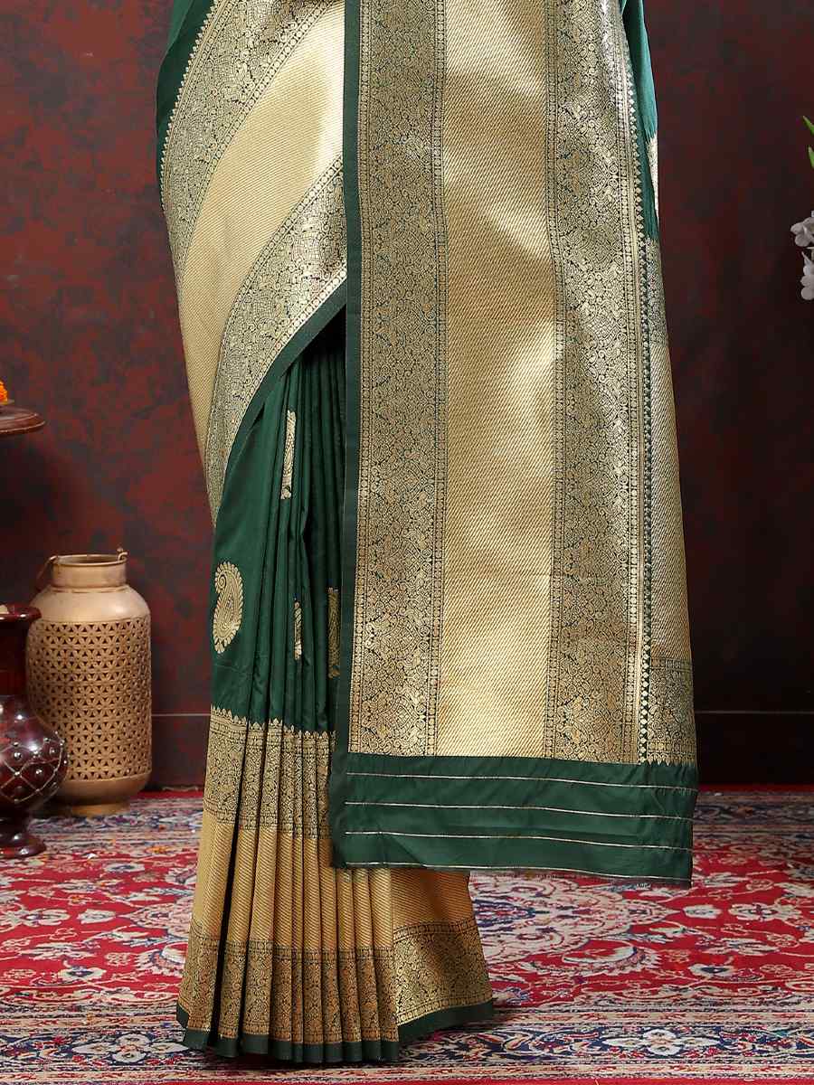 Dark Green Silk Handwoven Wedding Festival Heavy Border Saree