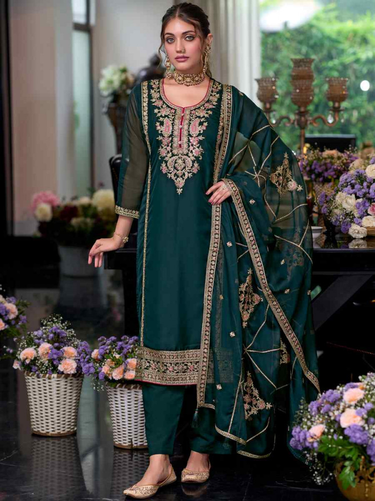 Dark Green Soft Organza Embroidered Festival Wedding Ready Pant Salwar Kameez