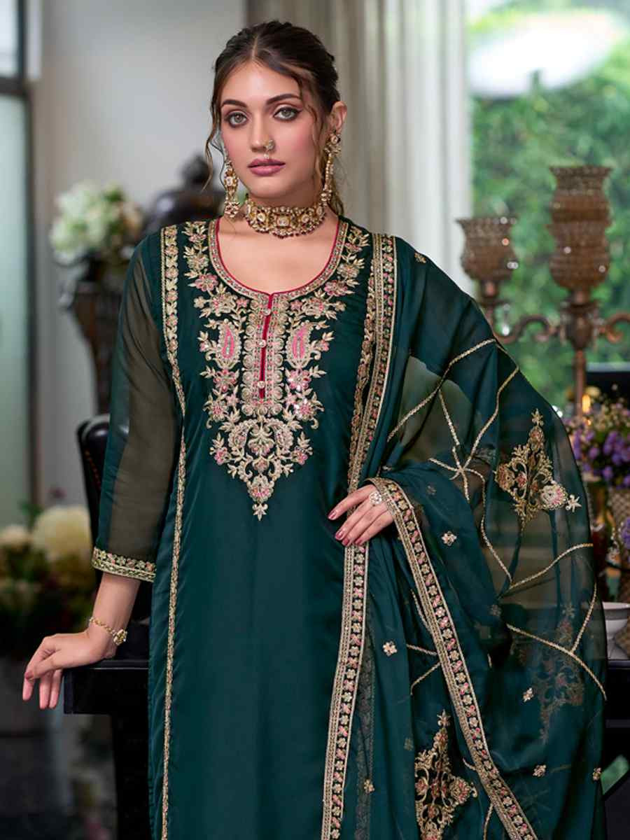 Dark Green Soft Organza Embroidered Festival Wedding Ready Pant Salwar Kameez