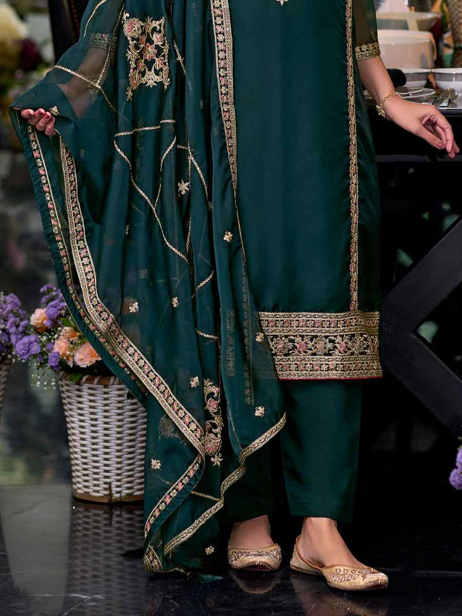 Dark Green Soft Organza Embroidered Festival Wedding Ready Pant Salwar Kameez