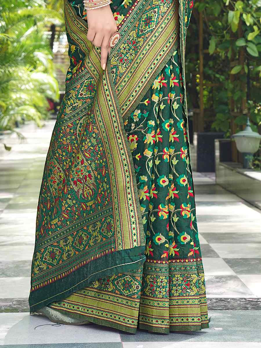 Dark Green Soft Pashmina Handwoven Festival Wedding Heavy Border Saree