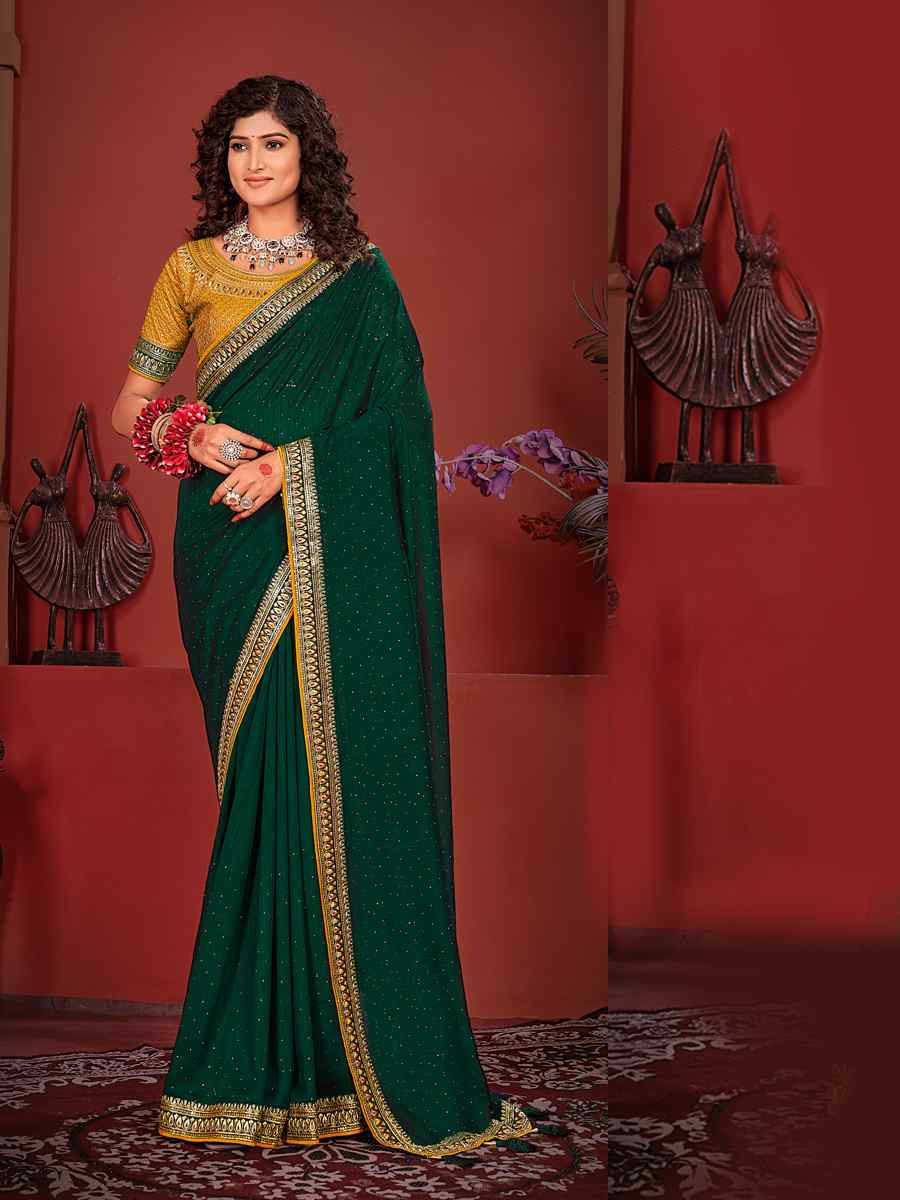 Dark Green Vichitra Bluming Embroidered Bridesmaid Wedding Heavy Border Saree