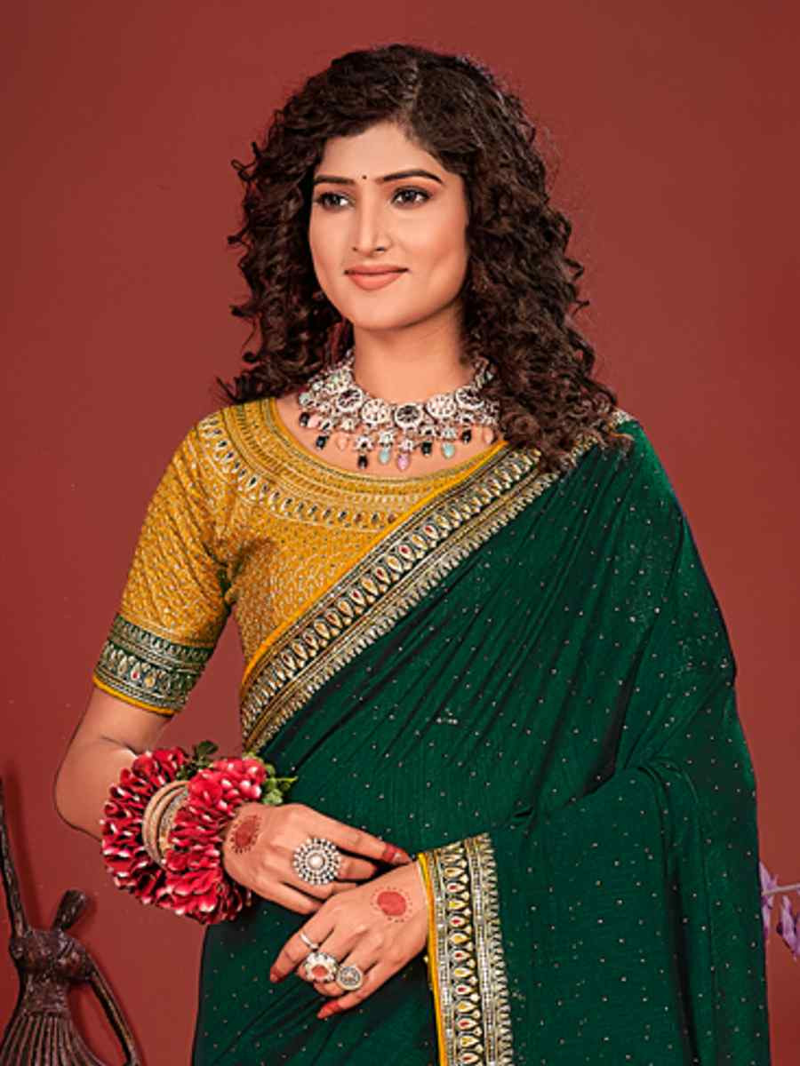 Dark Green Vichitra Bluming Embroidered Bridesmaid Wedding Heavy Border Saree