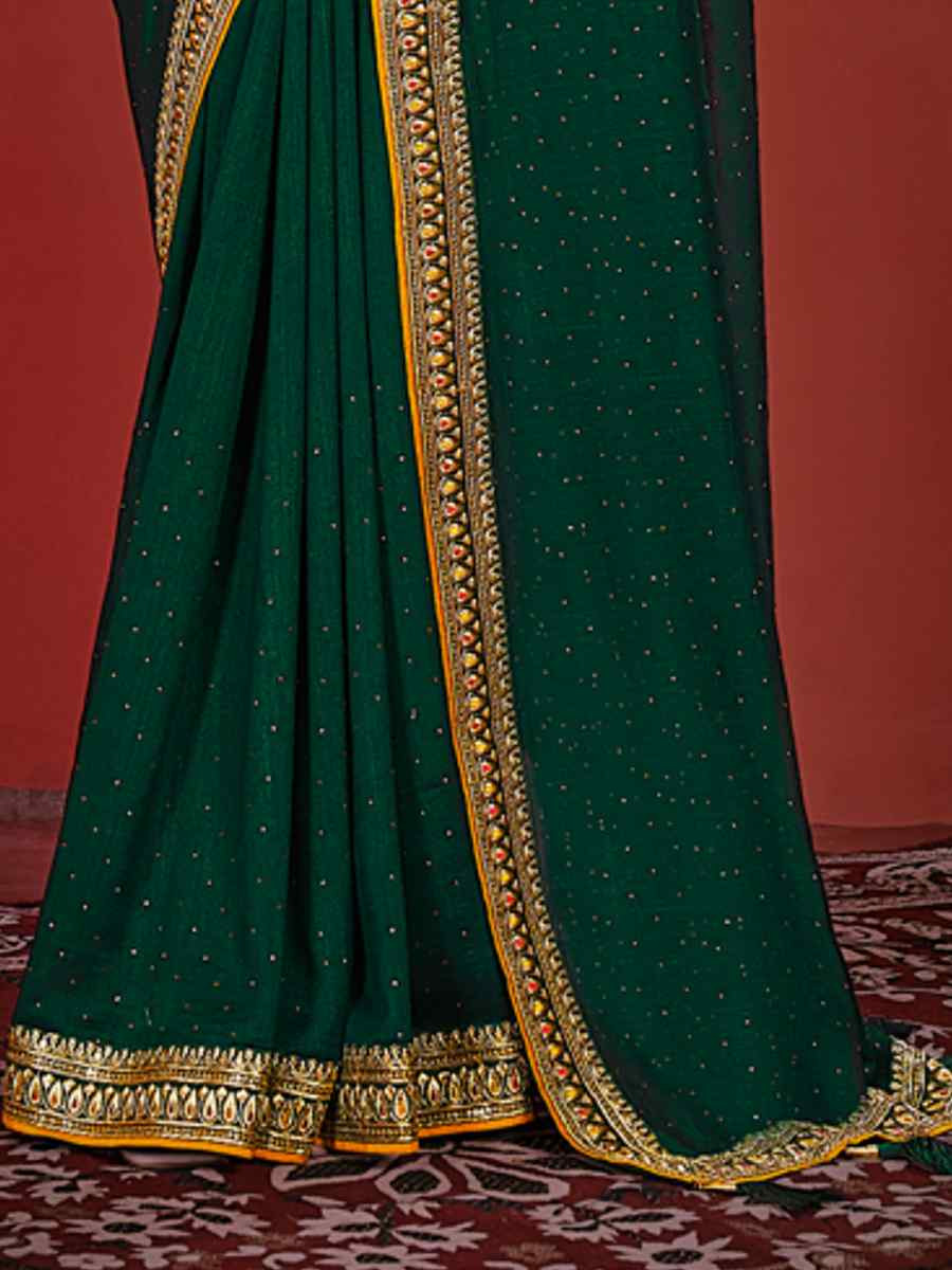 Dark Green Vichitra Bluming Embroidered Bridesmaid Wedding Heavy Border Saree