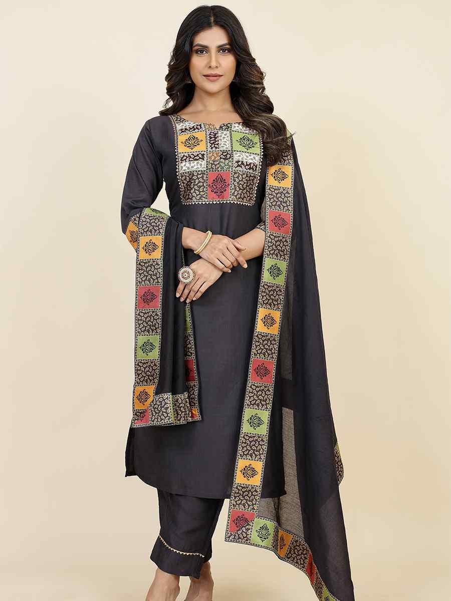 Dark Grey Chinon Silk Embroidered Festival Casual Ready Pant Salwar Kameez