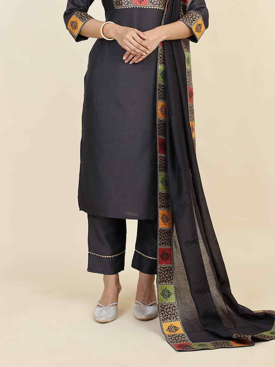 Dark Grey Chinon Silk Embroidered Festival Casual Ready Pant Salwar Kameez