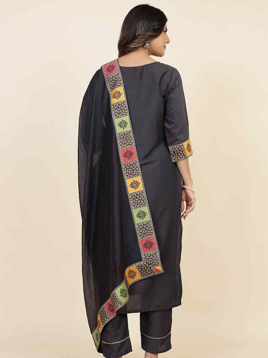 Dark Grey Chinon Silk Embroidered Festival Casual Ready Pant Salwar Kameez