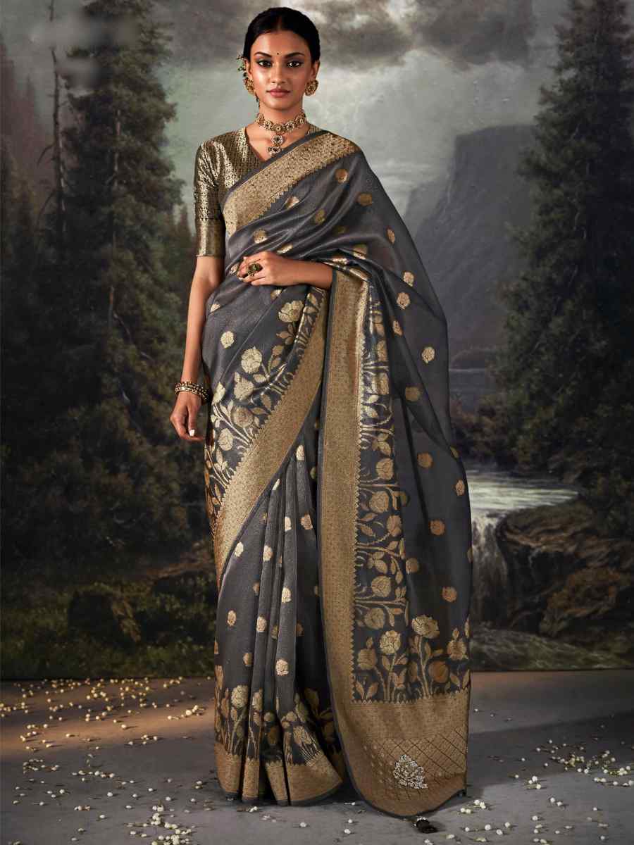 Dark Grey Organza Handwoven Festival Wedding Heavy Border Saree