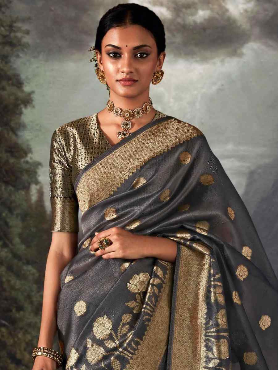 Dark Grey Organza Handwoven Festival Wedding Heavy Border Saree