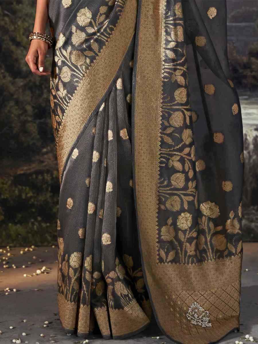 Dark Grey Organza Handwoven Festival Wedding Heavy Border Saree