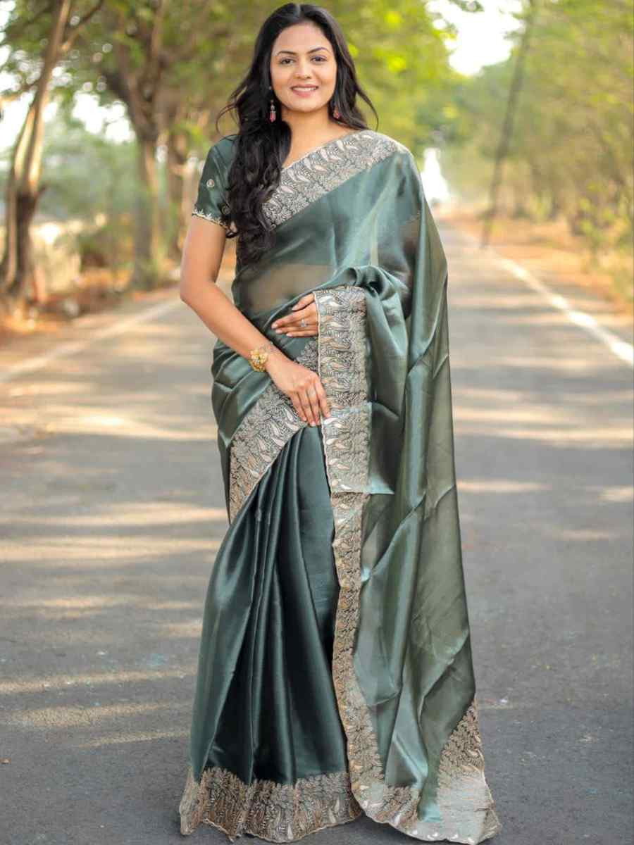 Dark Grey Pure Soft Burberry Silk Embroidered Festival Wedding Heavy Border Saree