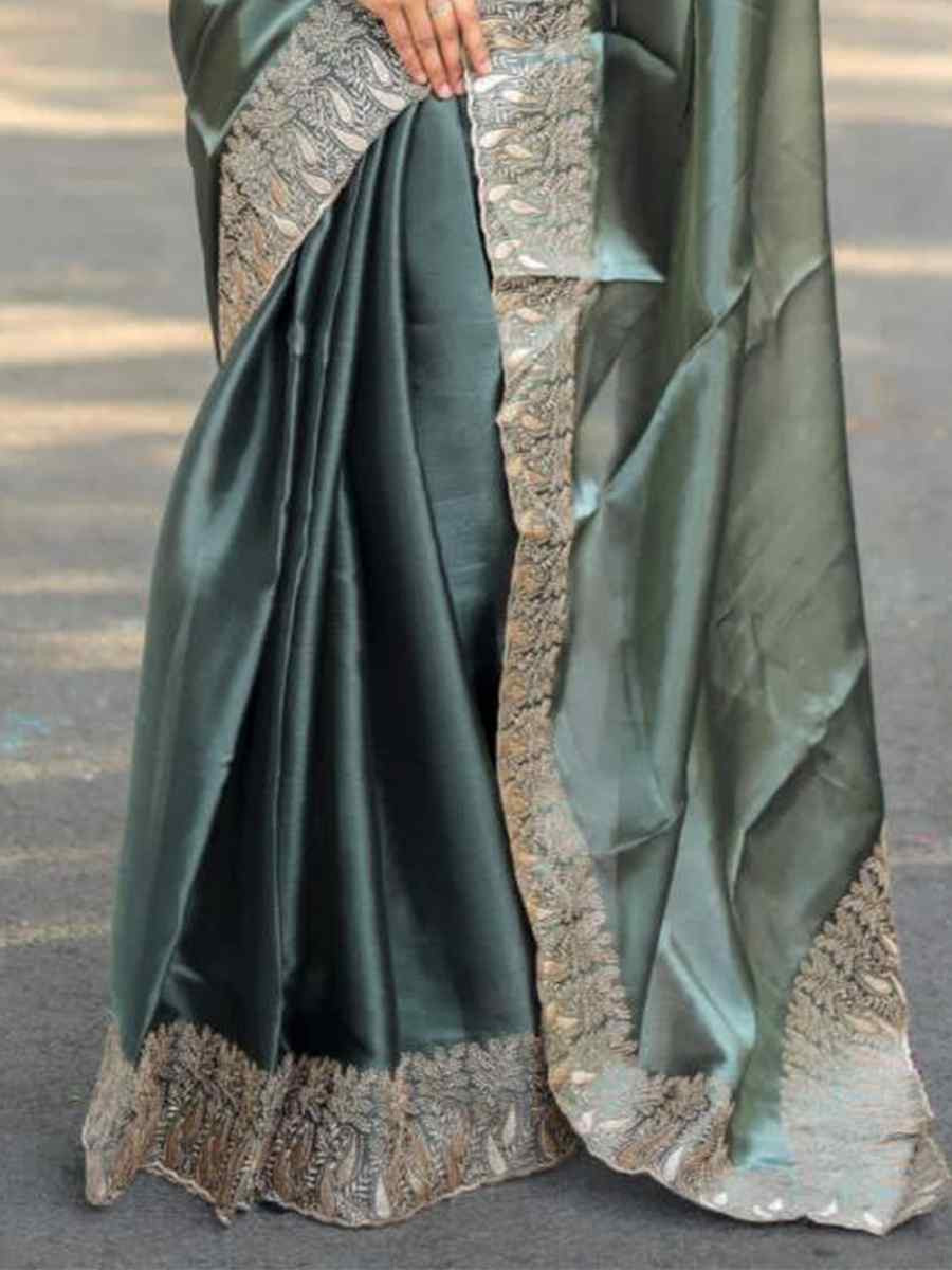 Dark Grey Pure Soft Burberry Silk Embroidered Festival Wedding Heavy Border Saree