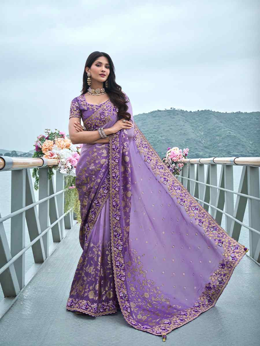 Dark Lavendear Pure Tissue Silk Embroidered Reception Wedding Heavy Border Saree