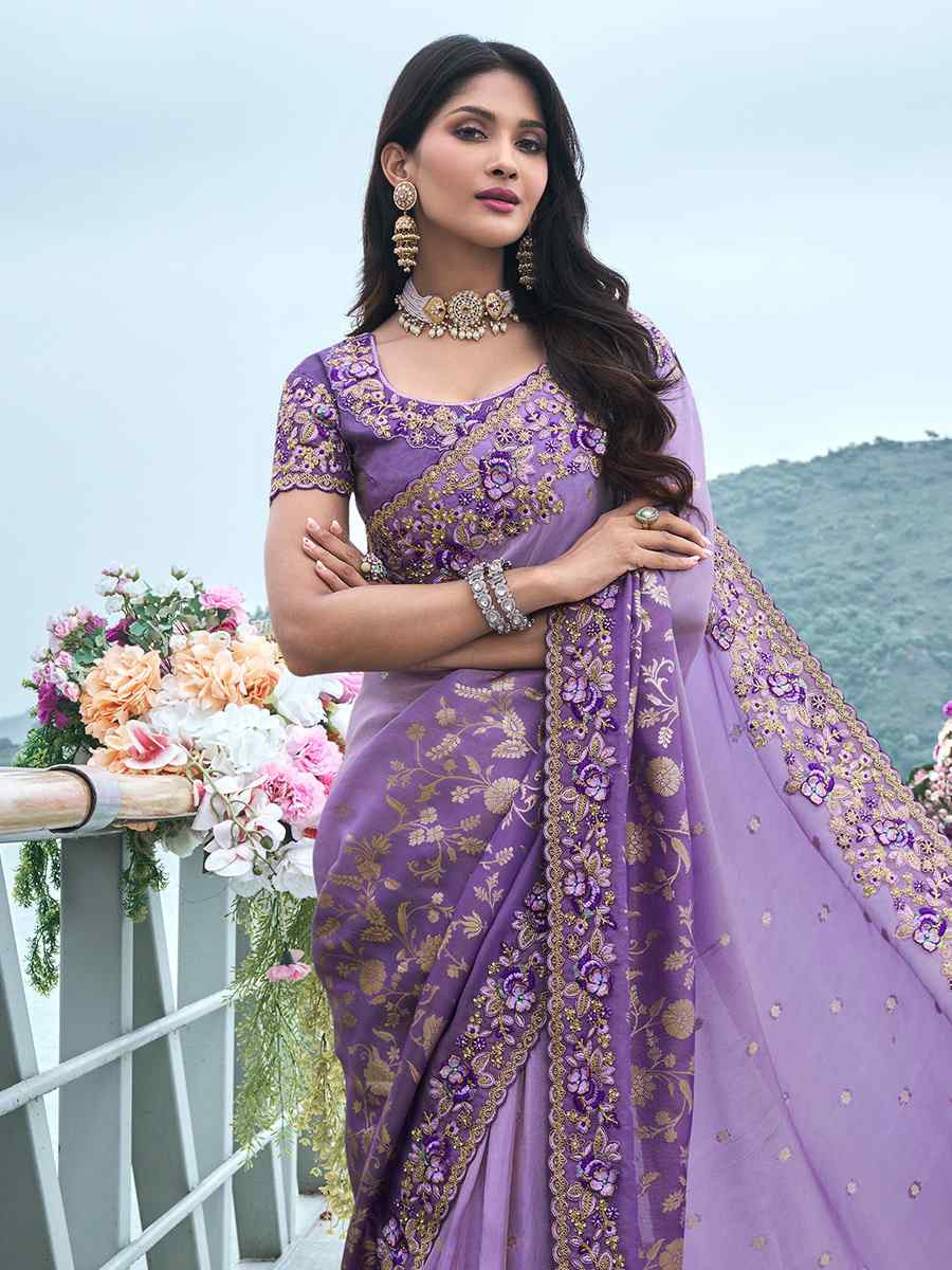 Dark Lavendear Pure Tissue Silk Embroidered Reception Wedding Heavy Border Saree