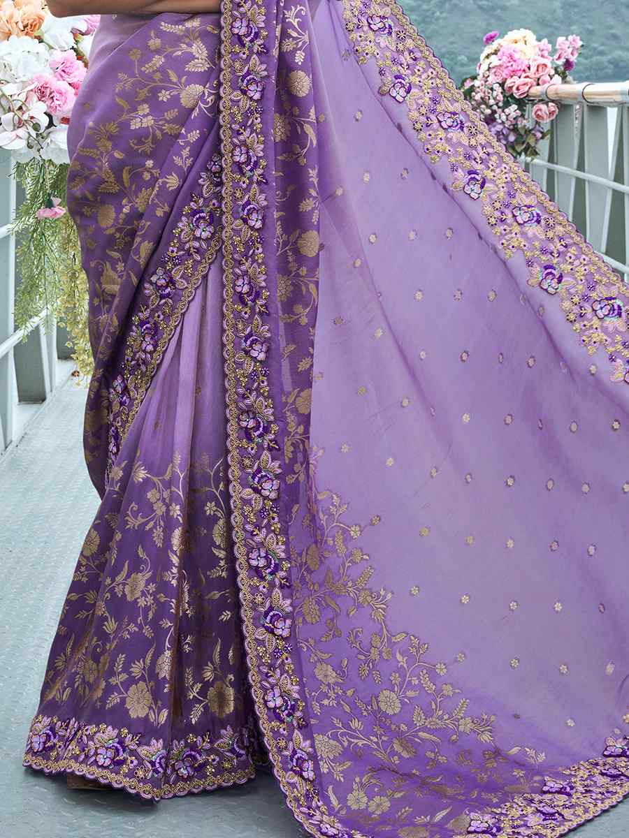 Dark Lavendear Pure Tissue Silk Embroidered Reception Wedding Heavy Border Saree