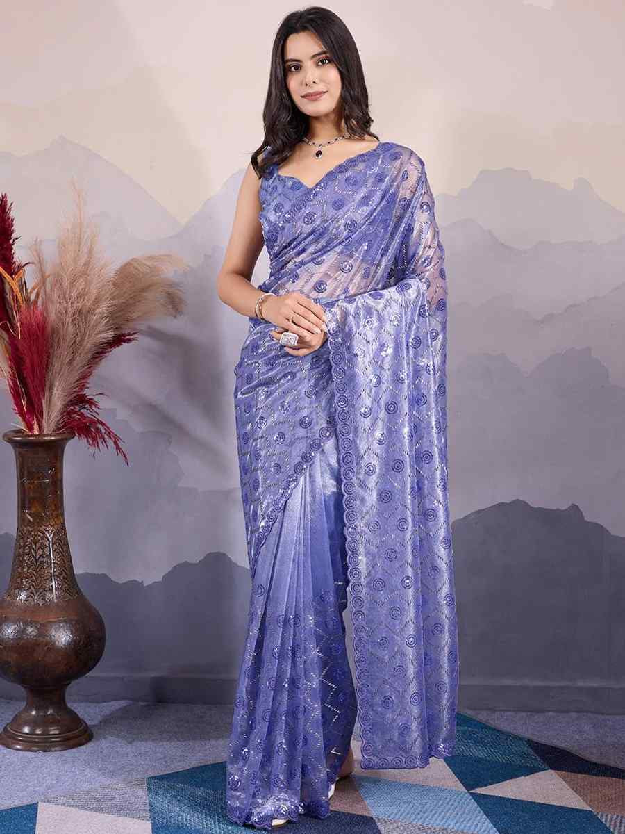 Dark Lavender Twill Net Handwoven Festival Wedding Heavy Border Saree