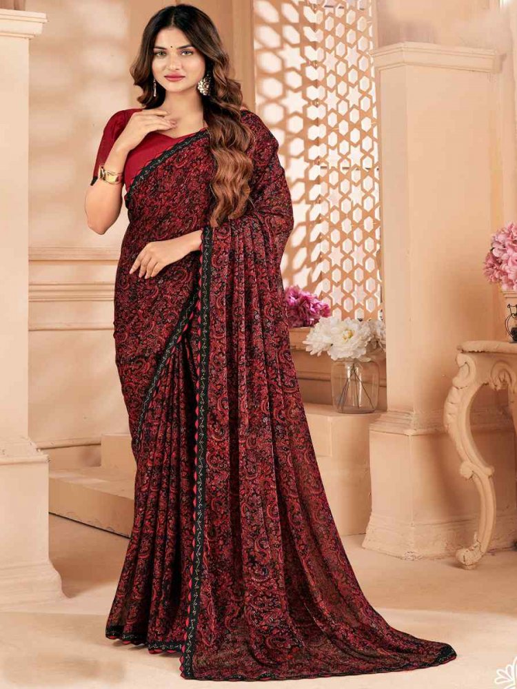 Dark Maroon Chiffon Printed Festival Casual Contemporary Saree