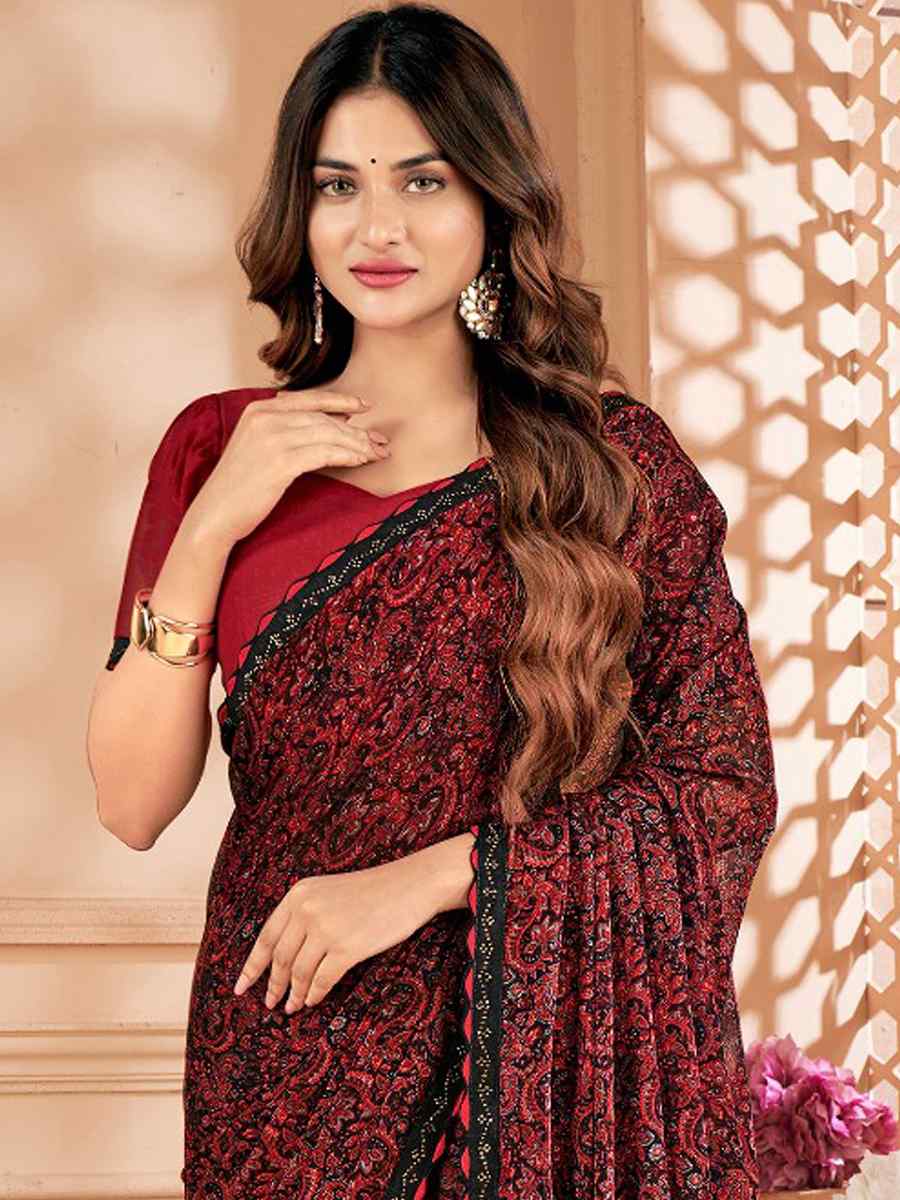 Dark Maroon Chiffon Printed Festival Casual Contemporary Saree