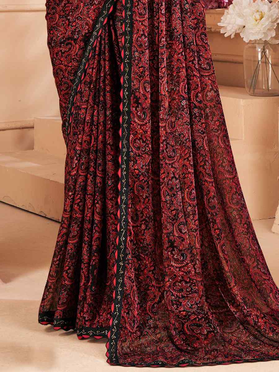 Dark Maroon Chiffon Printed Festival Casual Contemporary Saree