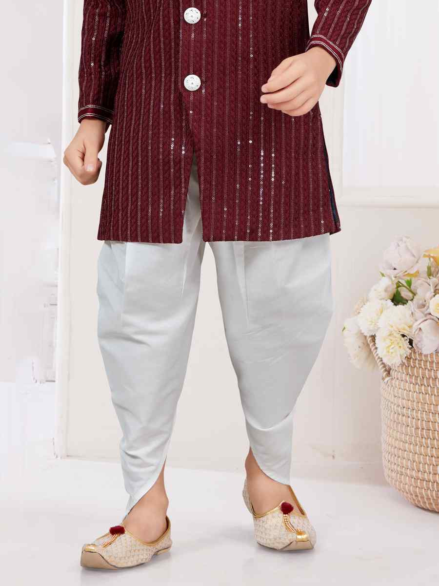 Dark Maroon Imported Silk Embroidered Festival Wedding Kurta Pyjama Boys Wear