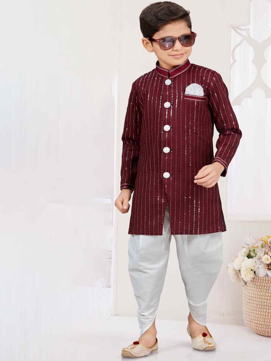 Dark Maroon Imported Silk Embroidered Festival Wedding Kurta Pyjama Boys Wear