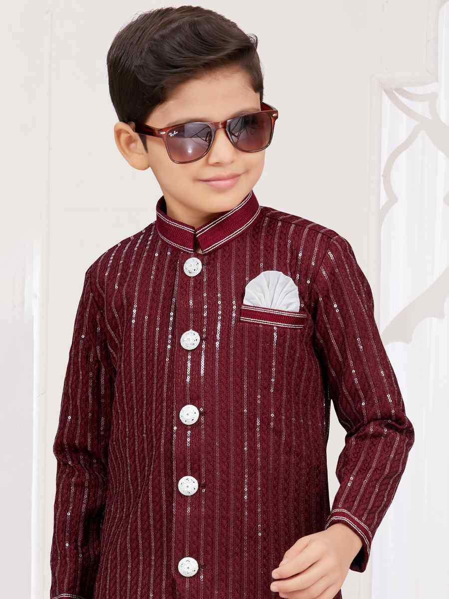 Dark Maroon Imported Silk Embroidered Festival Wedding Kurta Pyjama Boys Wear