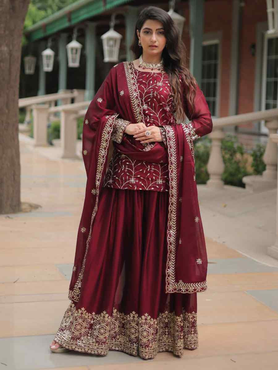 Dark Maroon Rangoli Silk Embroidered Festival Casual Ready Pant Salwar Kameez