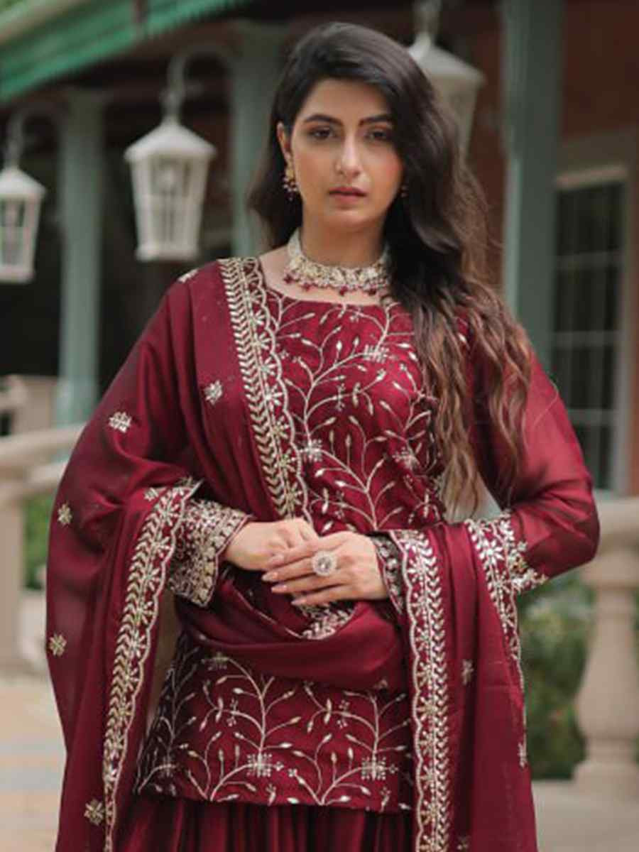 Dark Maroon Rangoli Silk Embroidered Festival Casual Ready Pant Salwar Kameez