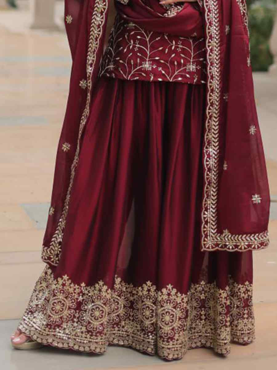 Dark Maroon Rangoli Silk Embroidered Festival Casual Ready Pant Salwar Kameez