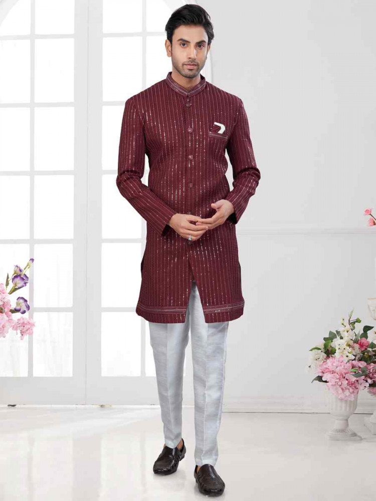 Dark Maroon Silk Dupion Embroidered Festival Wedding Sherwani