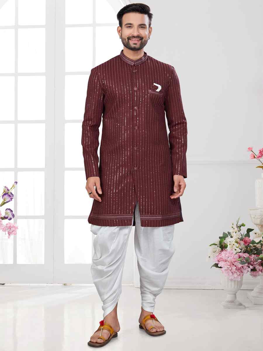 Dark Maroon Silk Dupion Embroidered Festival Wedding Sherwani