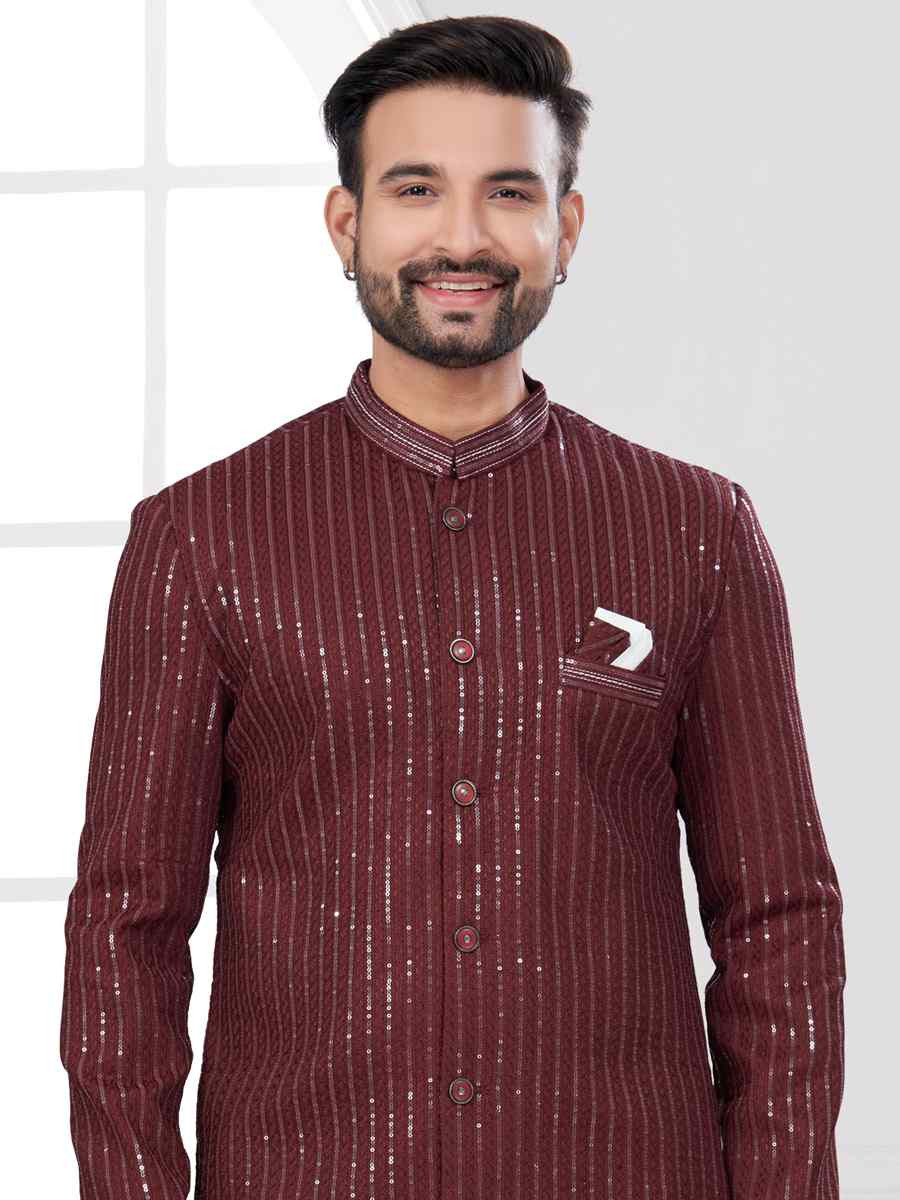 Dark Maroon Silk Dupion Embroidered Festival Wedding Sherwani