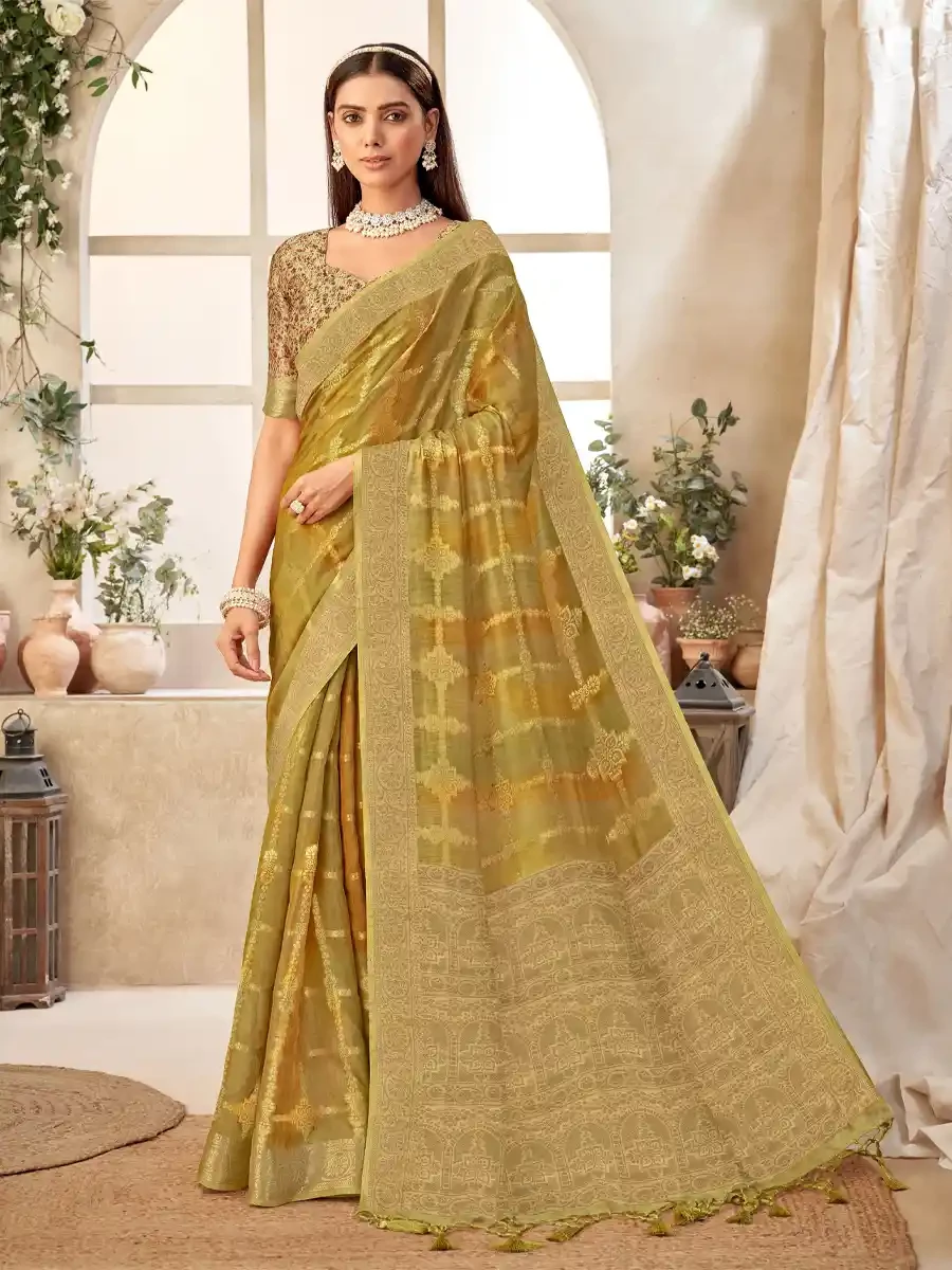 Dark Mustard Silk Handwoven Festival Wedding Heavy Border Saree