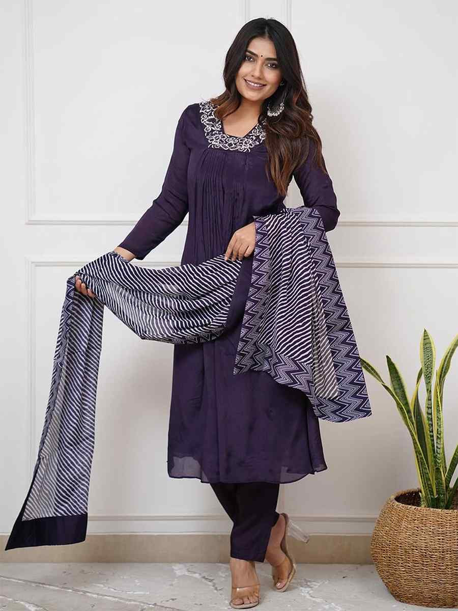 Dark Navy Blue Viscose Embroidered Festival Casual Ready Pant Salwar Kameez