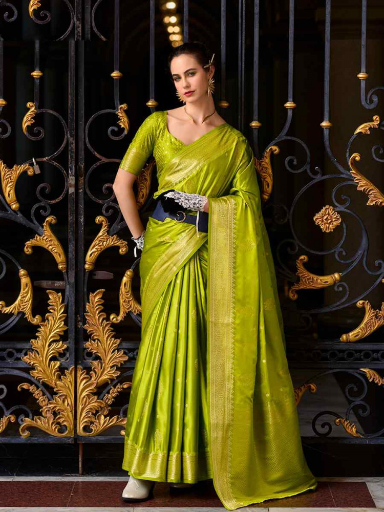 Dark Olive Satin Silk Handwoven Festival Wedding Heavy Border Saree