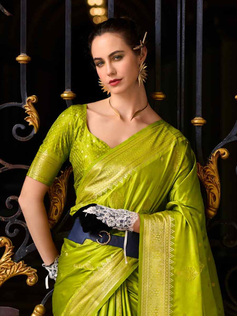 Dark Olive Satin Silk Handwoven Festival Wedding Heavy Border Saree