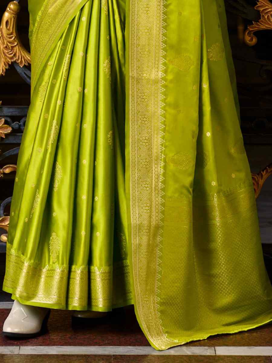 Dark Olive Satin Silk Handwoven Festival Wedding Heavy Border Saree