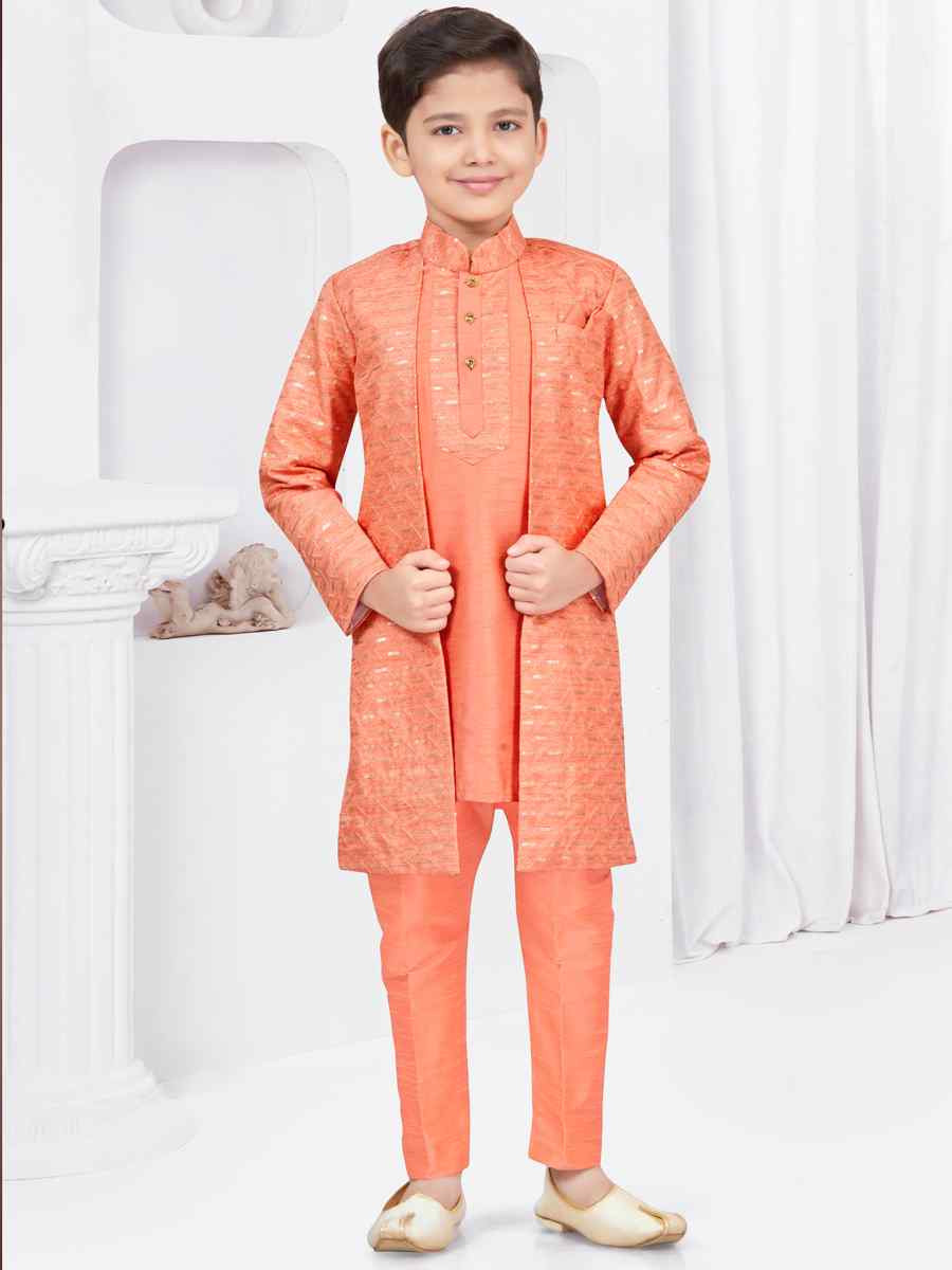 Dark Orange Banarasi Silk Embroidered Festival Wedding Kurta Pyjama Boys Wear