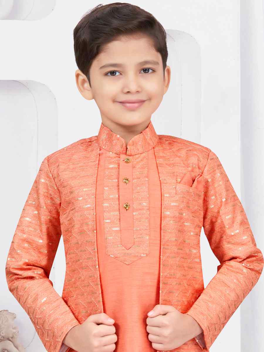 Dark Orange Banarasi Silk Embroidered Festival Wedding Kurta Pyjama Boys Wear