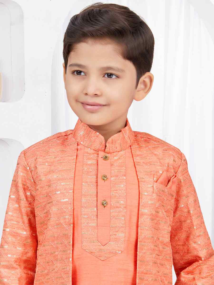 Dark Orange Banarasi Silk Embroidered Festival Wedding Kurta Pyjama Boys Wear