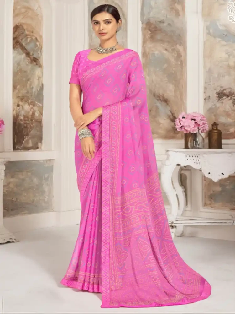 Dark Pink Chiffon Printed Festival Casual Contemporary Saree