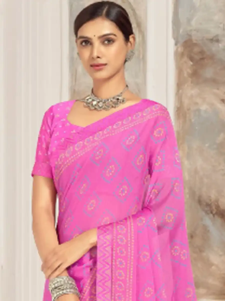 Dark Pink Chiffon Printed Festival Casual Contemporary Saree