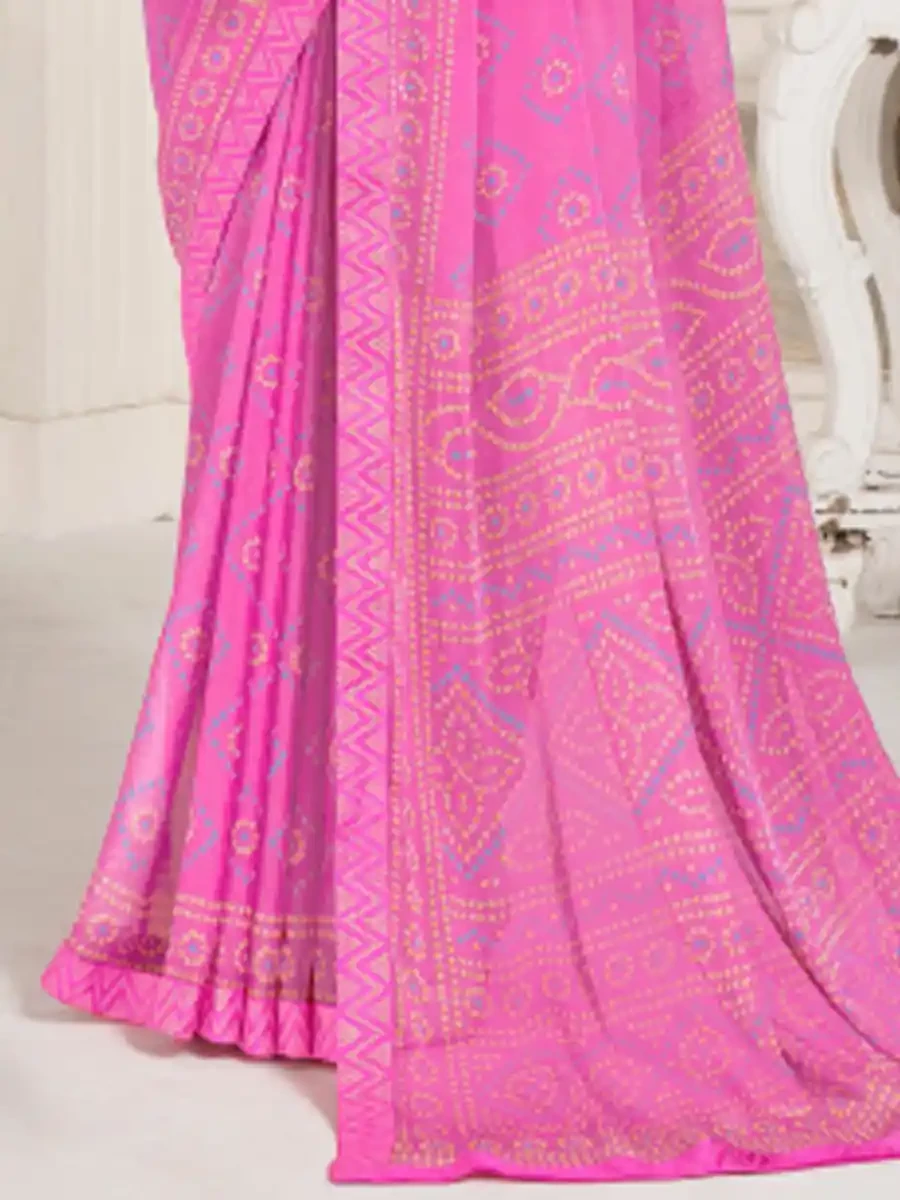 Dark Pink Chiffon Printed Festival Casual Contemporary Saree