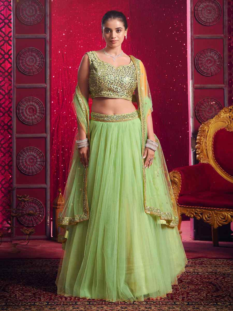 Dark Pista Premium Net Embroidered Festival Wedding Heavy Border Lehenga Choli