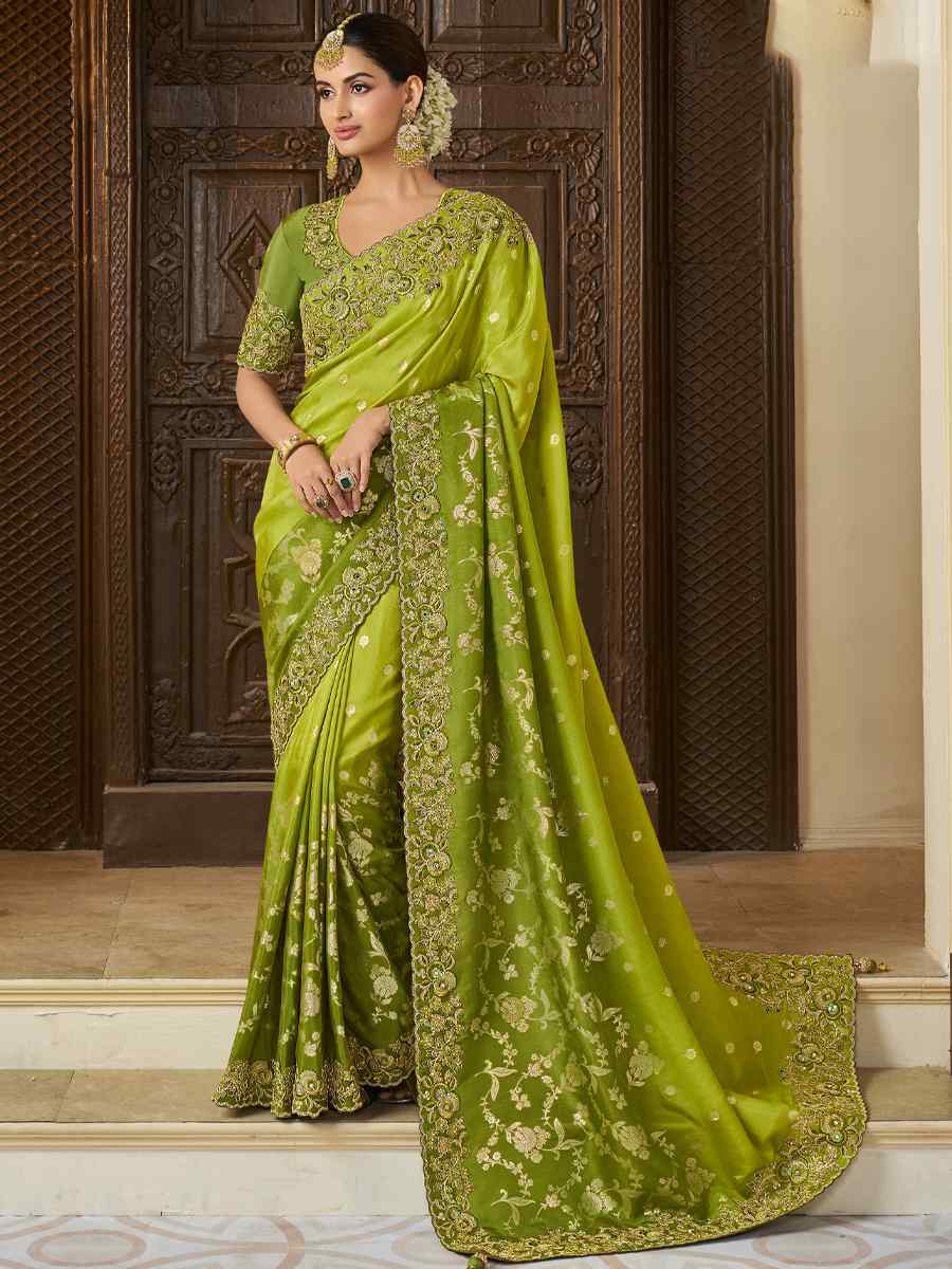 Dark Pista Pure Tissue Silk Embroidered Festival Wedding Heavy Border Saree