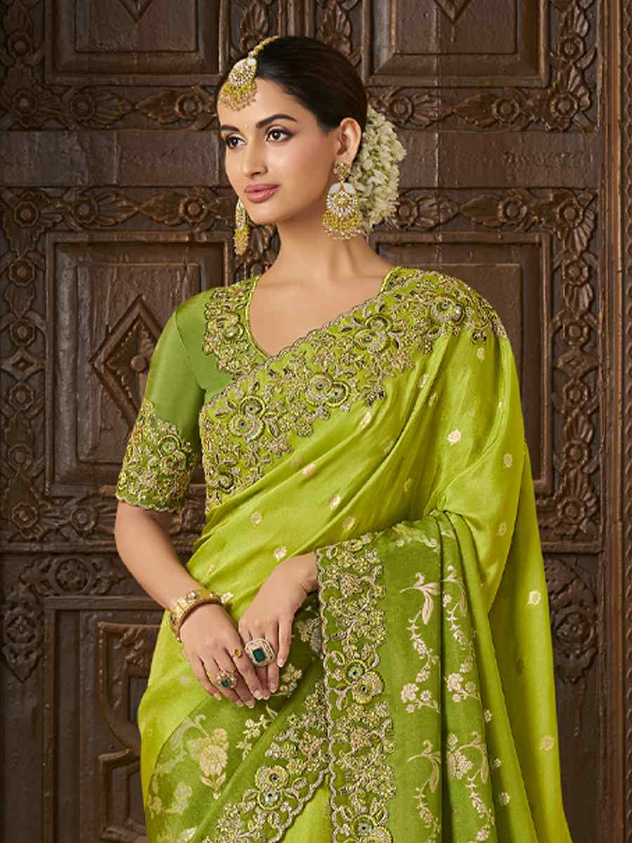 Dark Pista Pure Tissue Silk Embroidered Festival Wedding Heavy Border Saree