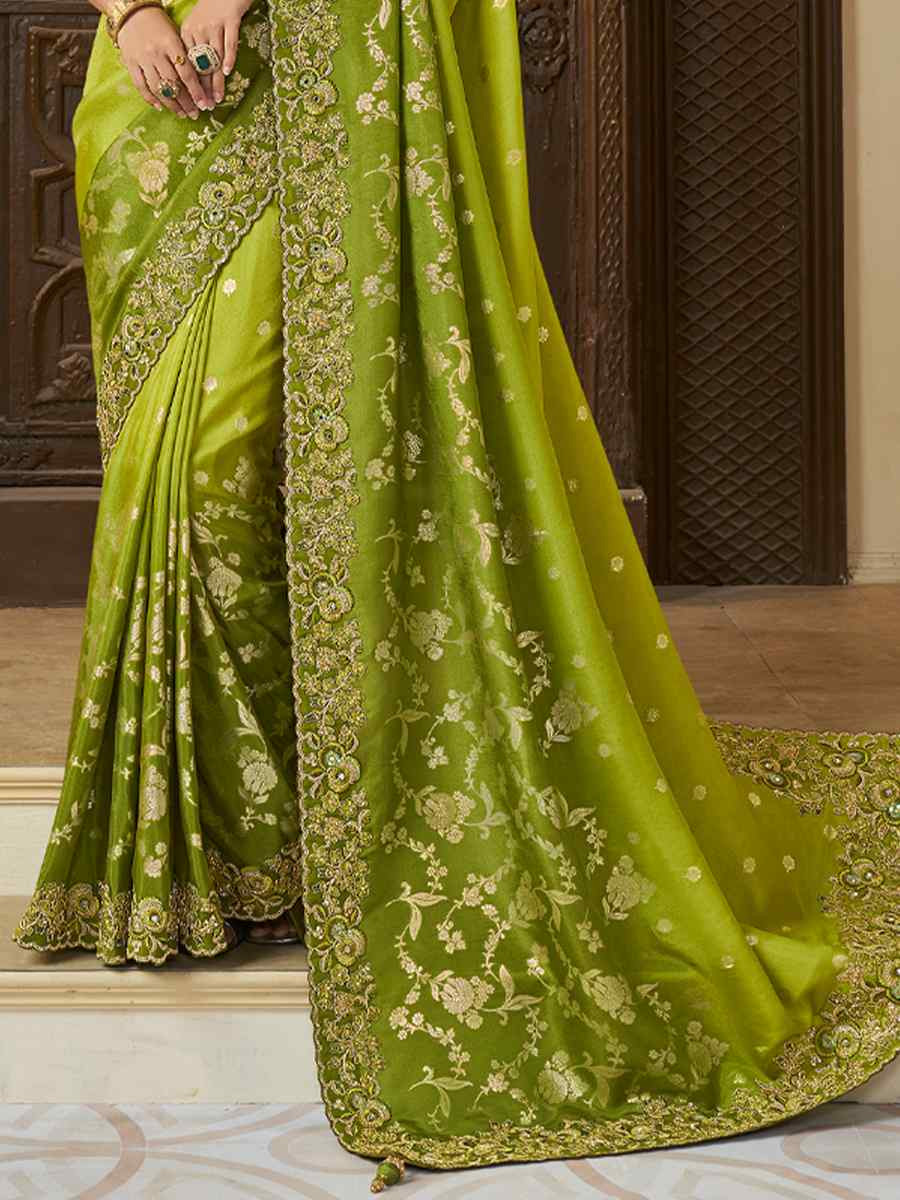 Dark Pista Pure Tissue Silk Embroidered Festival Wedding Heavy Border Saree