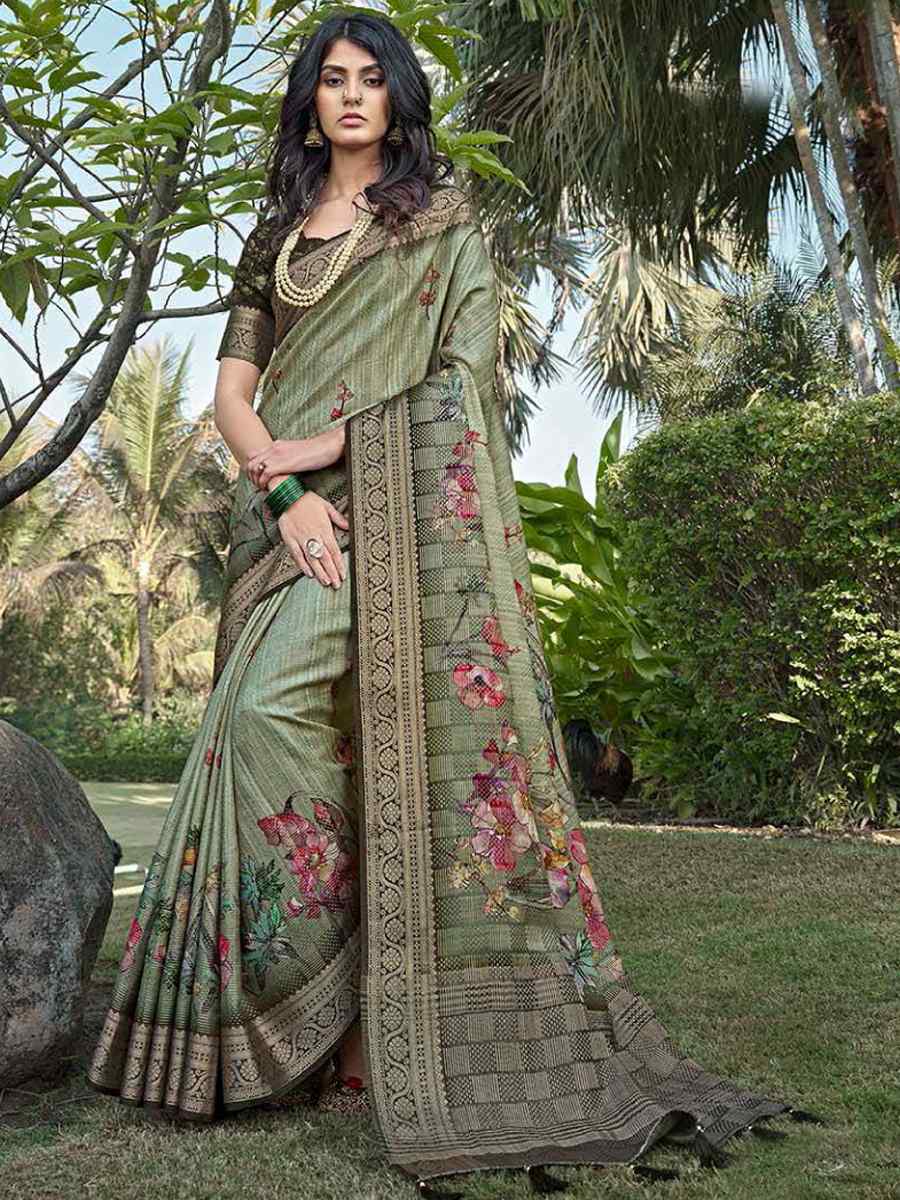 Dark Pista Silk Handwoven Festival Wedding Heavy Border Saree