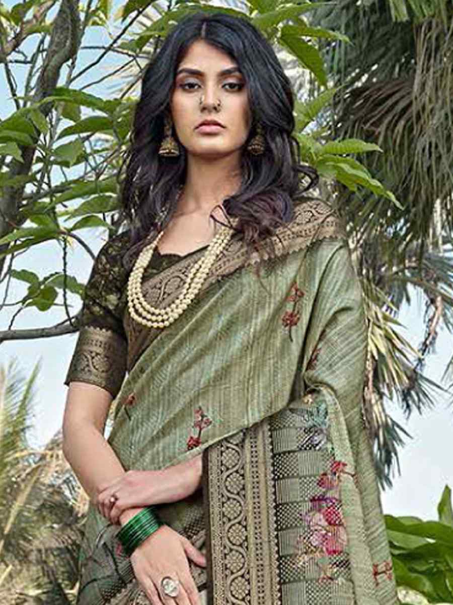 Dark Pista Silk Handwoven Festival Wedding Heavy Border Saree